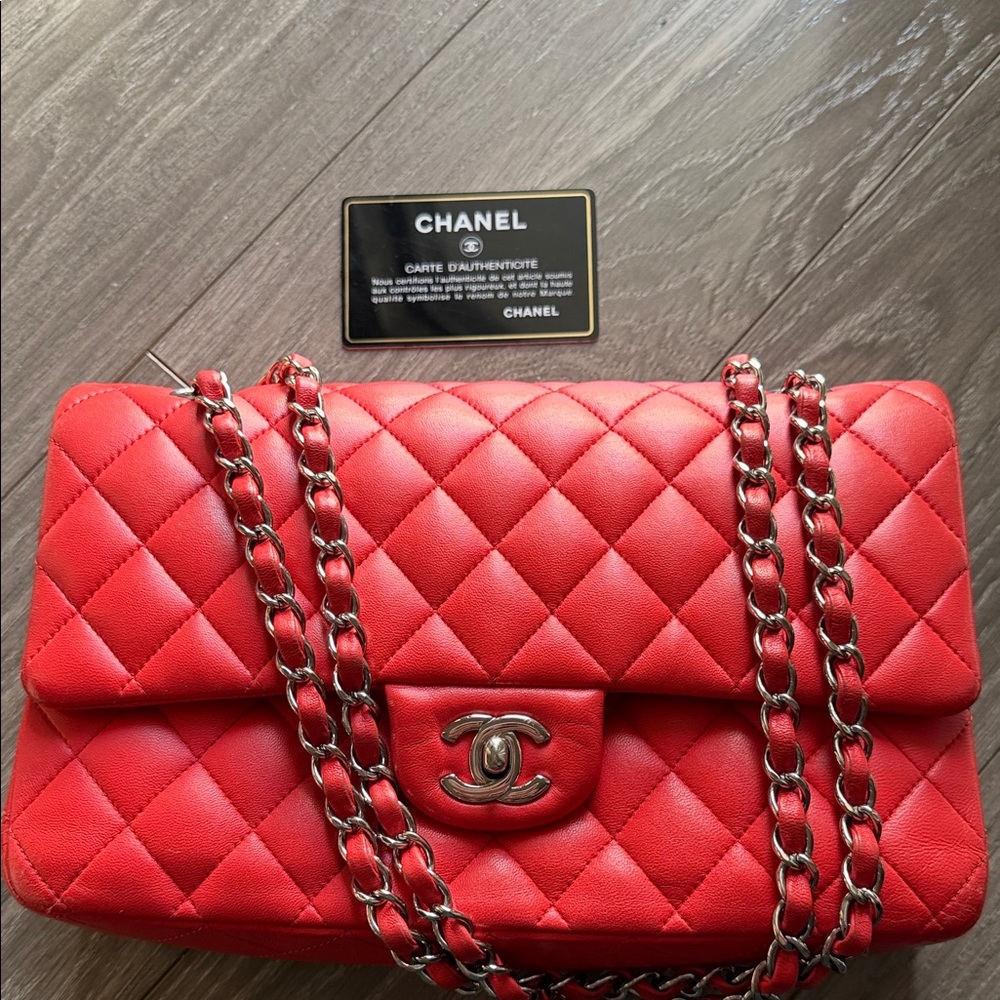 CHANEL Red Lambskin Medium Classic Double Flap Silver Hardware - Picture 3 of 9
